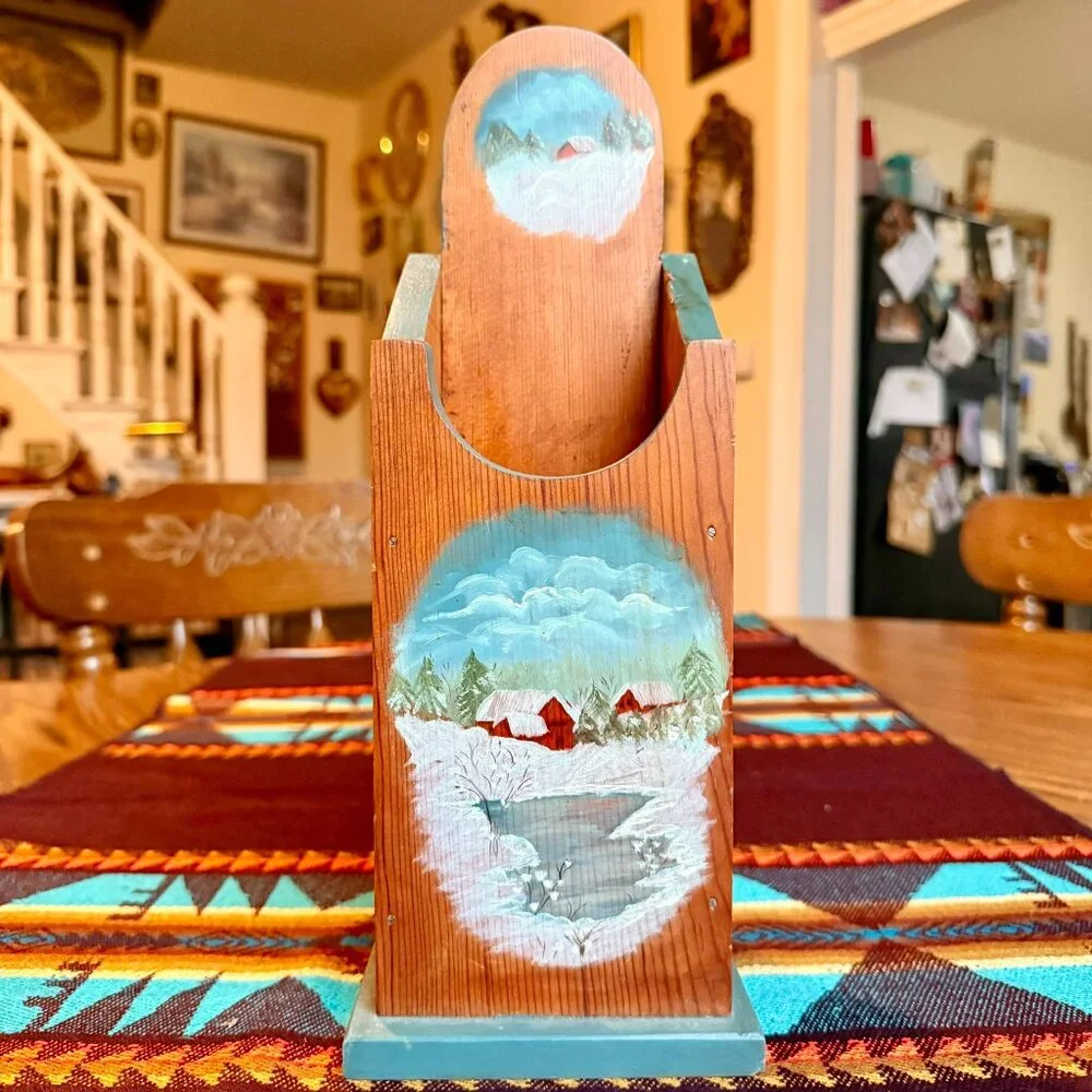 Vintage Hand Painted Folk Art Wooden Wall Pocket / Matchstick Holder